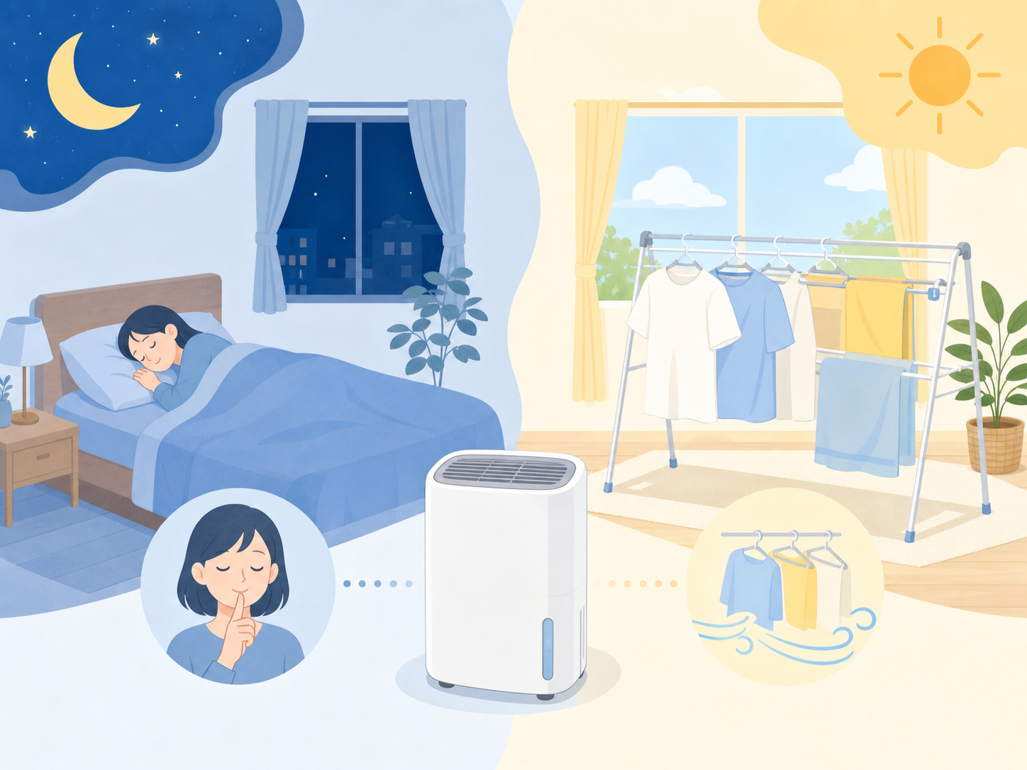 昼と夜で除湿機を使う時間帯を考えるイラスト