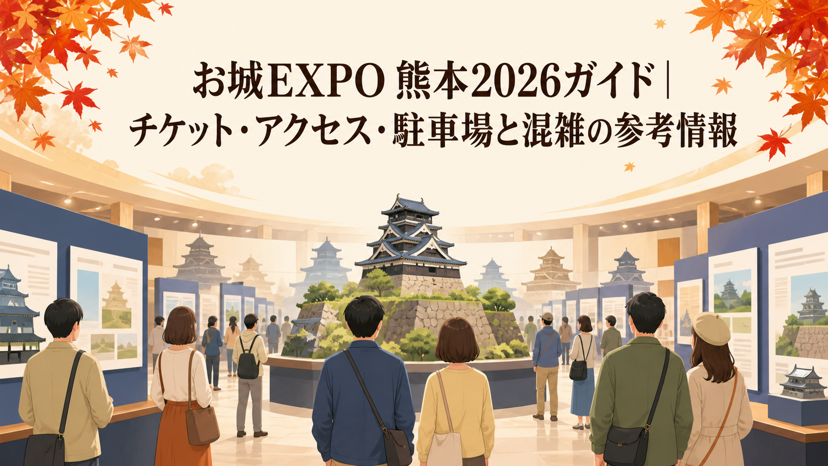 お城EXPO 熊本2026のチケット・アクセス・駐車場を案内する明るいイラスト