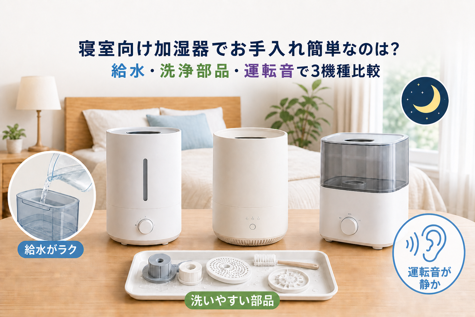 寝室向け加湿器を給水・洗浄部品・運転音で比べるイメージ