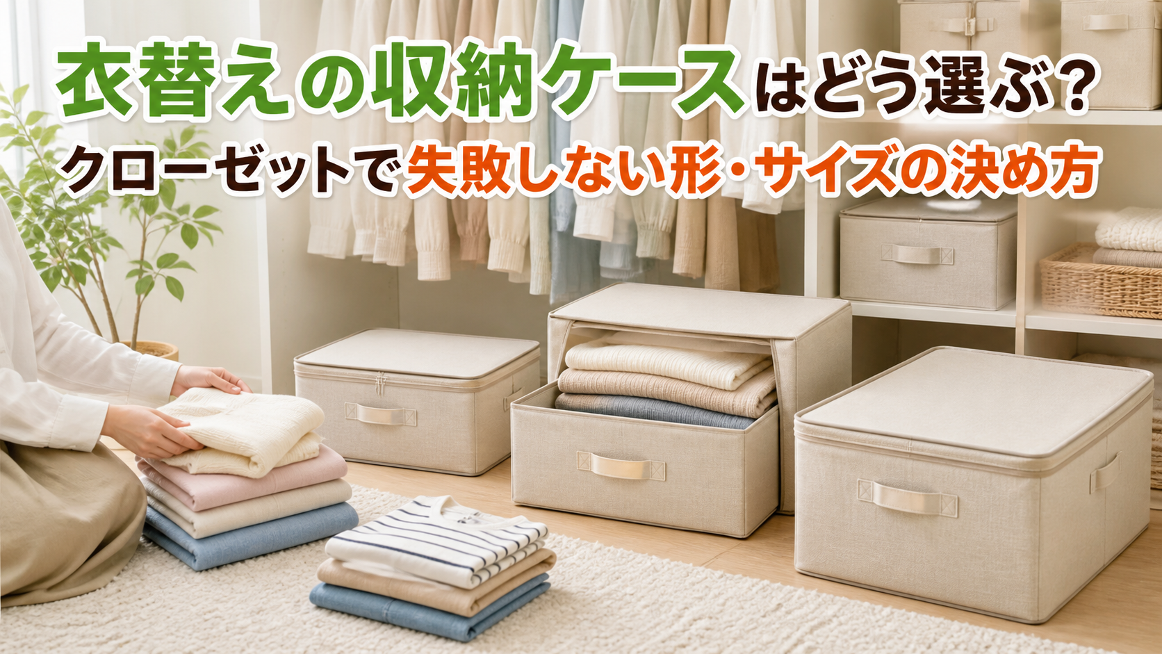 衣替え用収納ケースを置き場所と衣類に合わせて選ぶ明るいクローゼットのイラスト