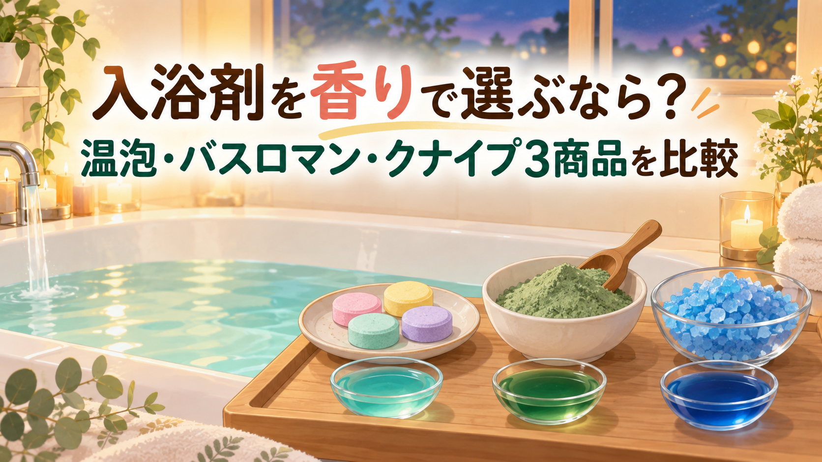入浴剤を香りで選ぶ温泡・バスロマン・クナイプ3商品比較のアイキャッチ