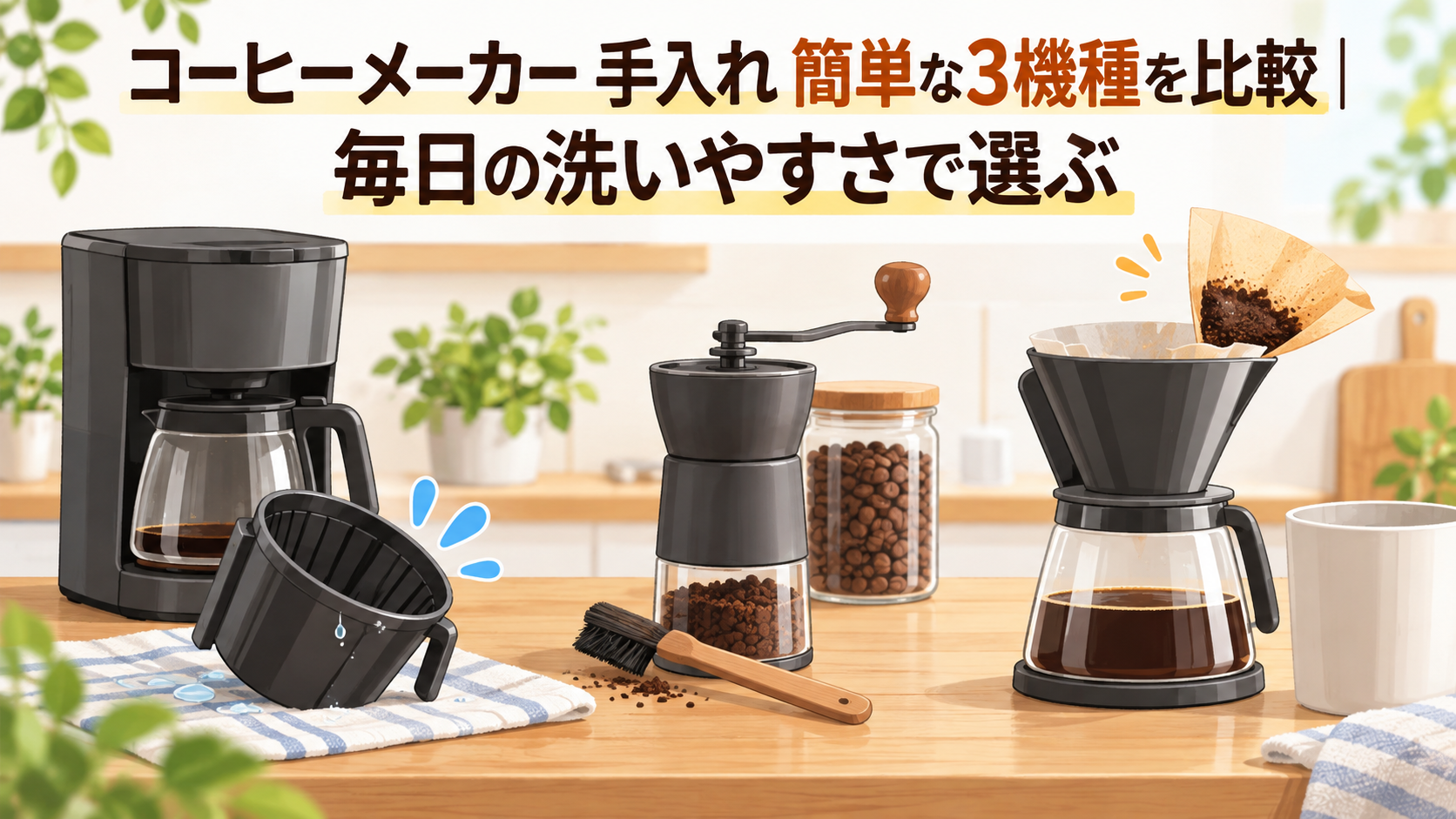コーヒーメーカーの水洗い、ブラシ清掃、ペーパーフィルター処理を表す、手入れの簡単な3機種比較のアイキャッチ