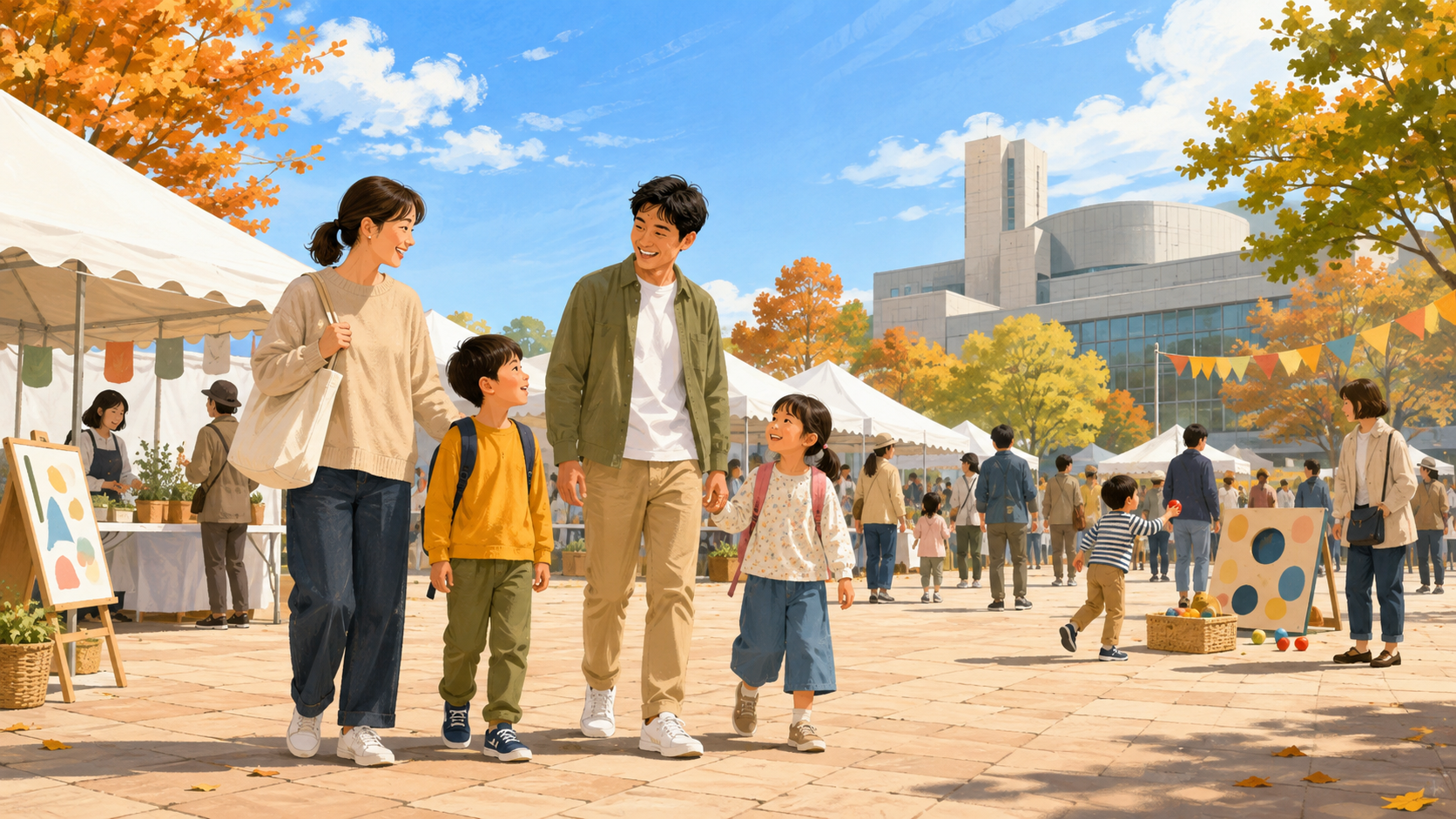 秋の地域イベント会場を歩く親子のイメージイラスト