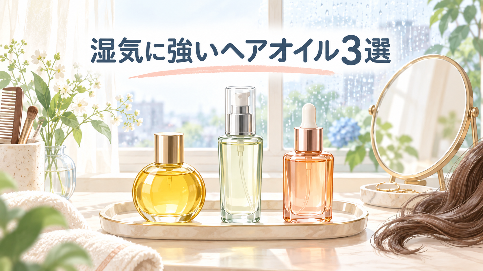 湿気に強いヘアオイル3選を紹介する、3本の無地ボトルと雨の日の窓辺のイラスト
