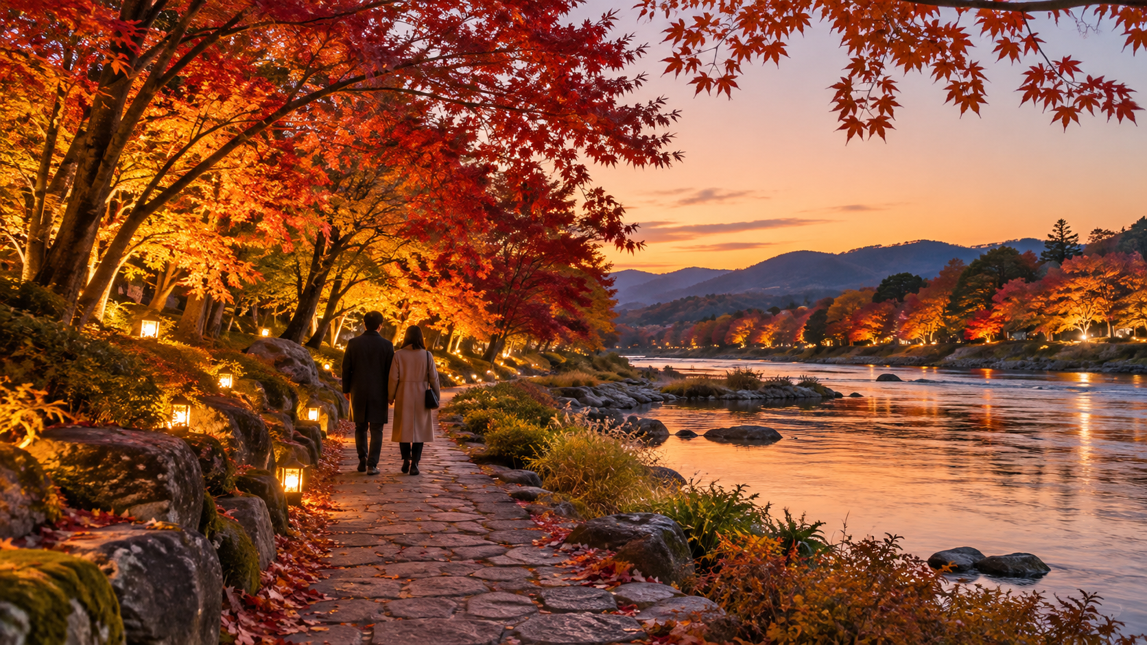 紅葉した木々と灯りのある秋の川辺を歩く人々のイメージ