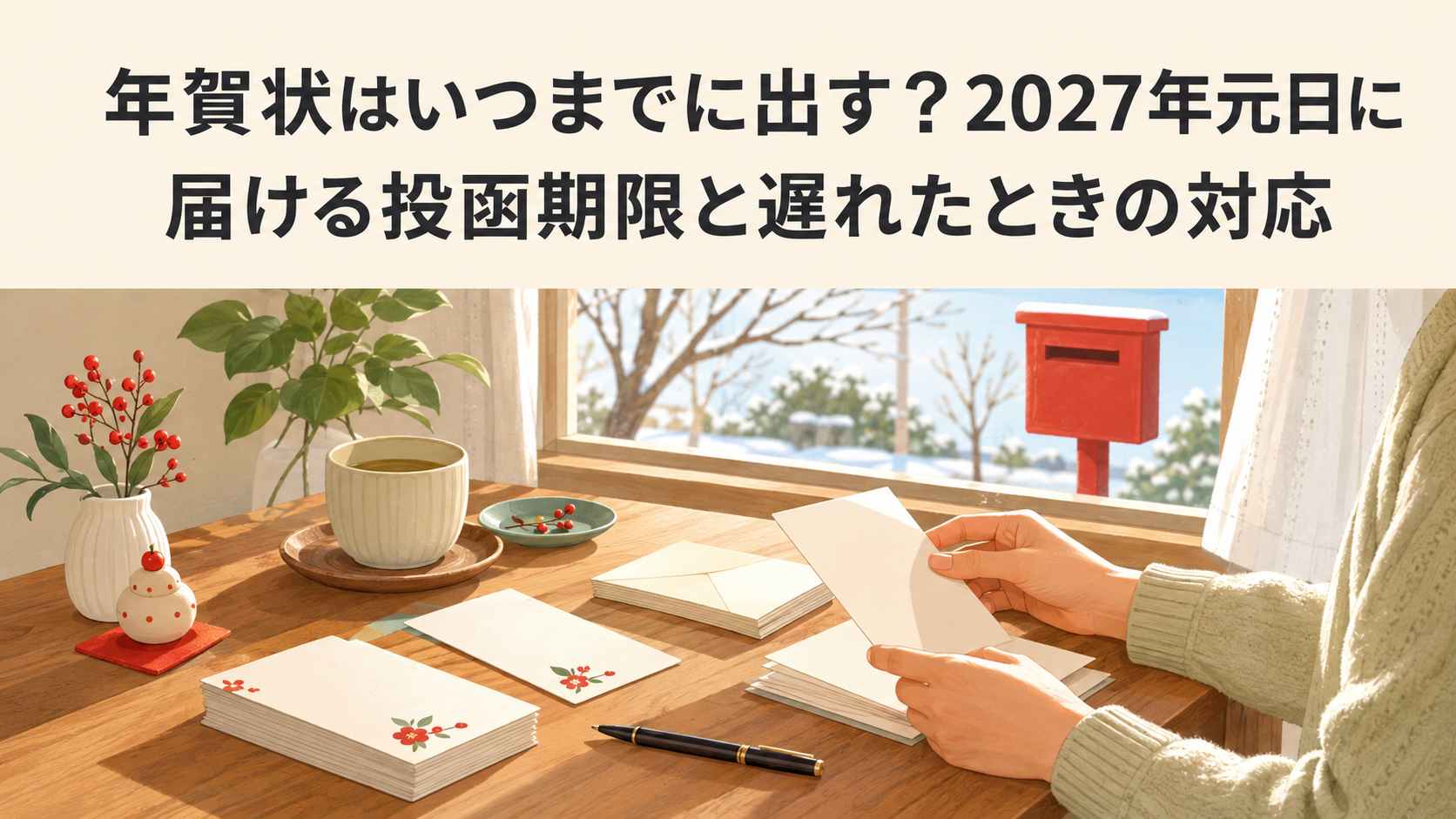 年賀状を準備して投函期限を確認する様子を描いた、年賀状はいつまでに出す記事のアイキャッチ