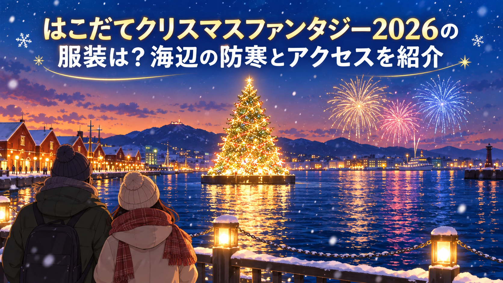 はこだてクリスマスファンタジー2026の服装とアクセスを案内する冬の海辺のツリーと花火のイラスト