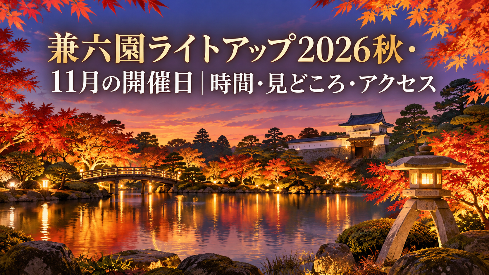 兼六園ライトアップ2026秋・11月の開催日、時間、見どころ、アクセスを案内する秋の夜の庭園イラスト