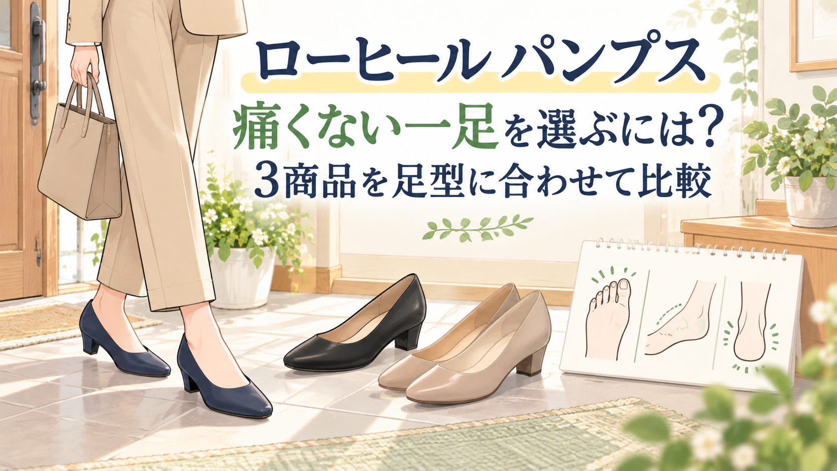 ローヒール パンプスを足型に合わせて比較する、仕事服に合う無地の靴と足型メモの明るいイラスト