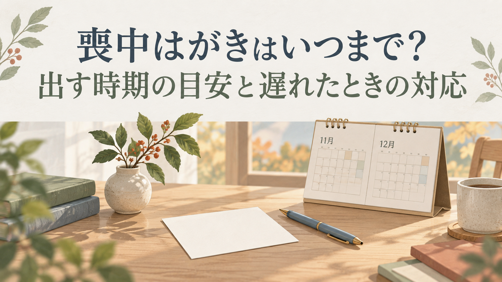 喪中はがきを出す時期を考えるための、11月と12月のカレンダーとはがきのイラスト