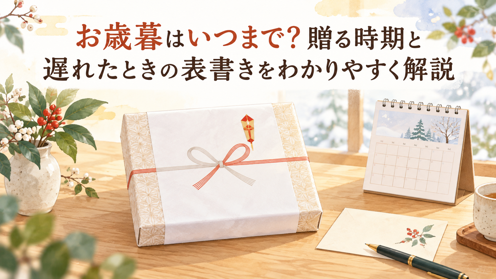 お歳暮の時期と表書きを案内する、贈答品とカレンダーの明るいイラスト