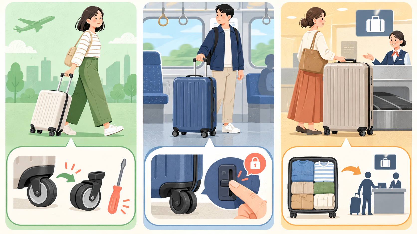 軽い小型ケースと交換用車輪、電車内でストッパーを使う中型ケース、預け入れカウンターへ向かう大きなケースを並べた静音キャスターのスーツケース選びの図