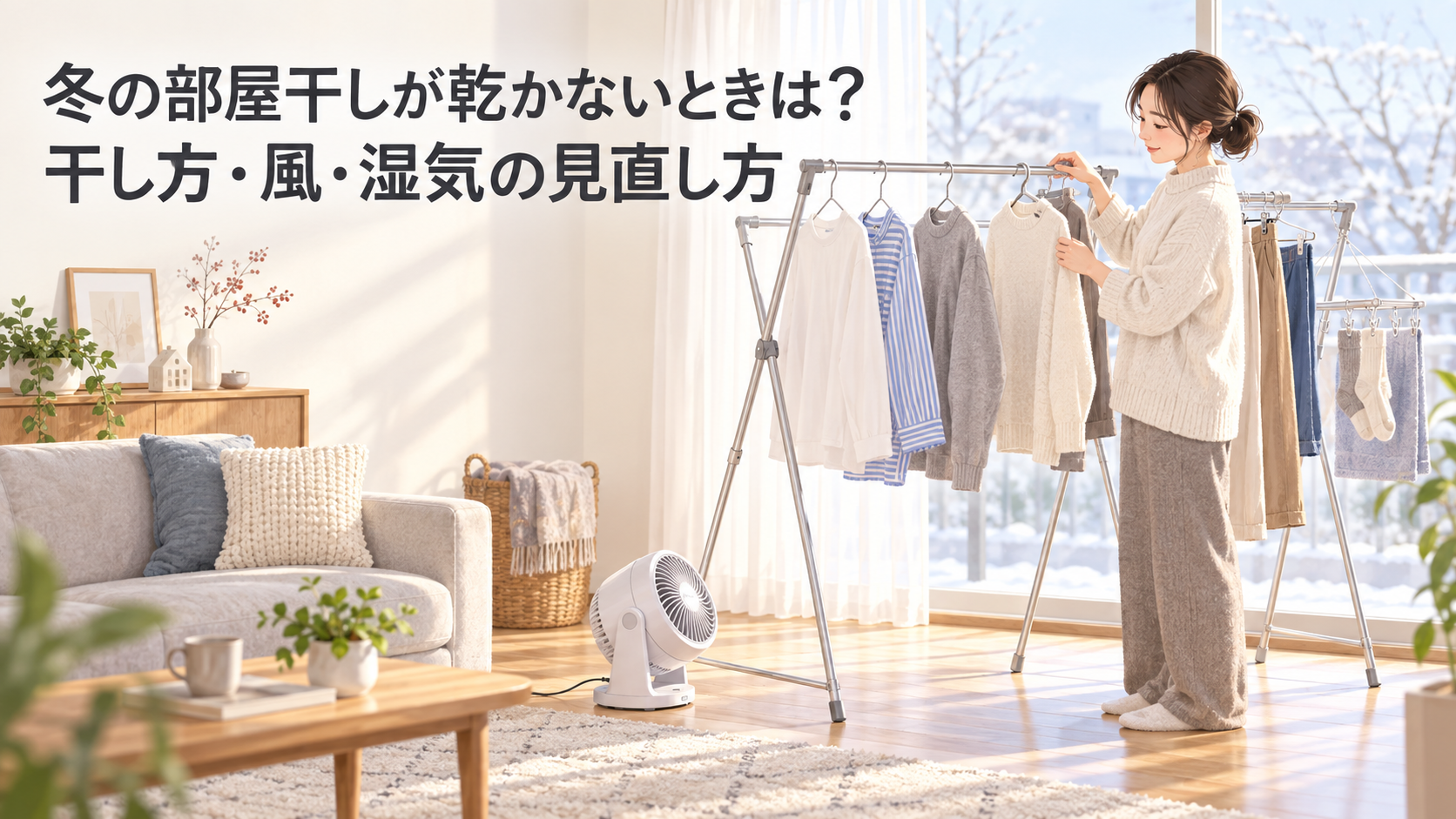 冬の部屋干しで衣類の間隔を整え、サーキュレーターで風を送る明るい室内のイラスト