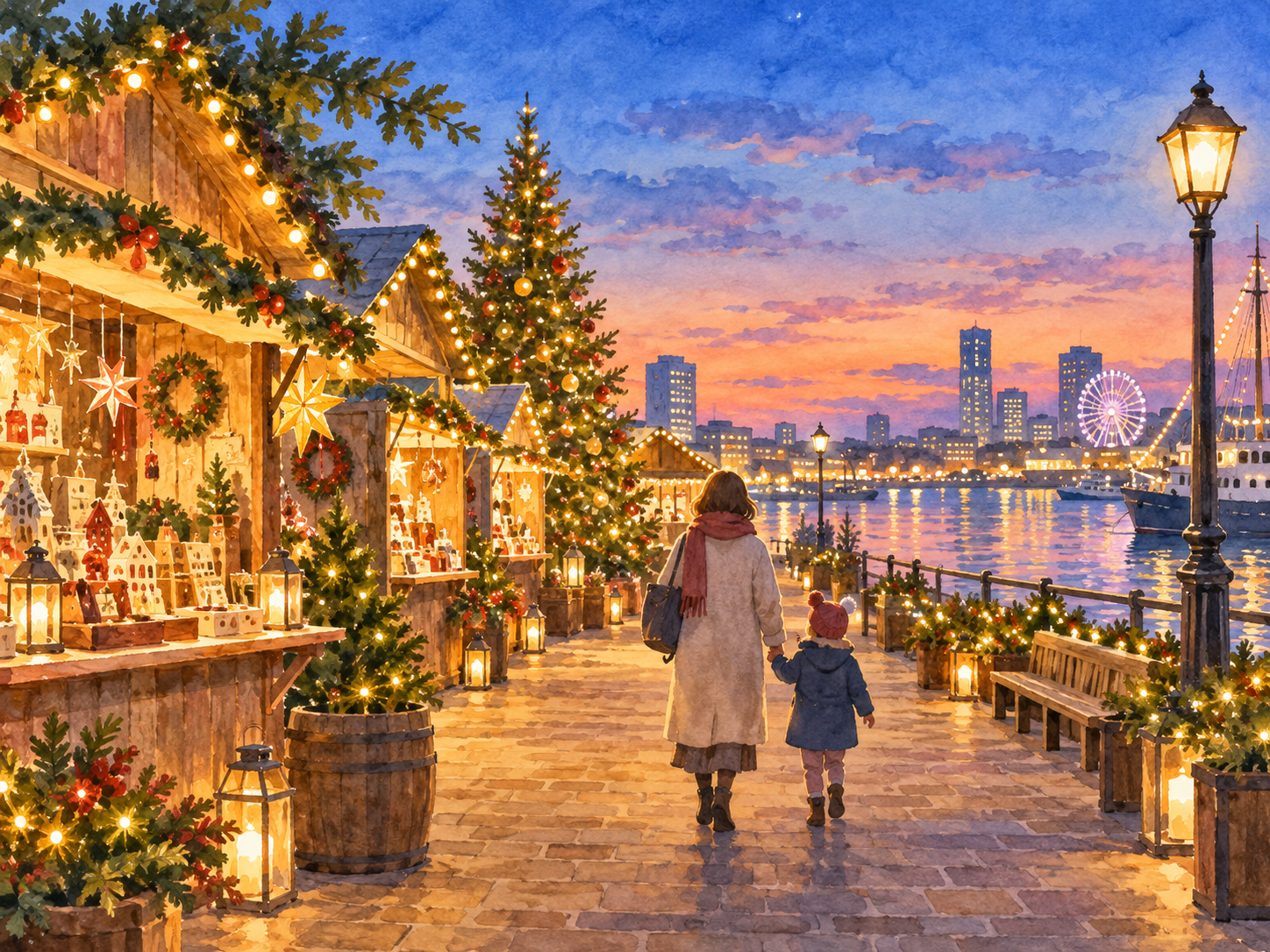 横浜赤レンガクリスマスマーケット2026で冬のイルミネーションを楽しむ雰囲気のイラスト