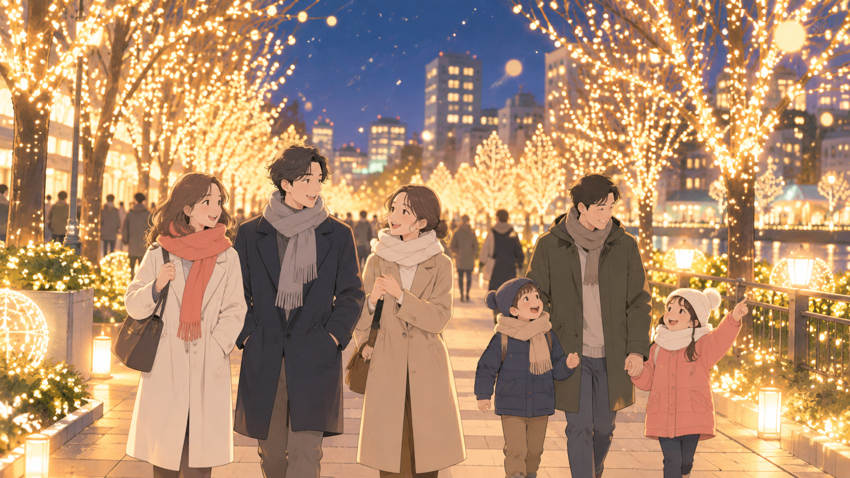 冬の光の並木道を、家族や友人と明るく歩く様子のイラスト