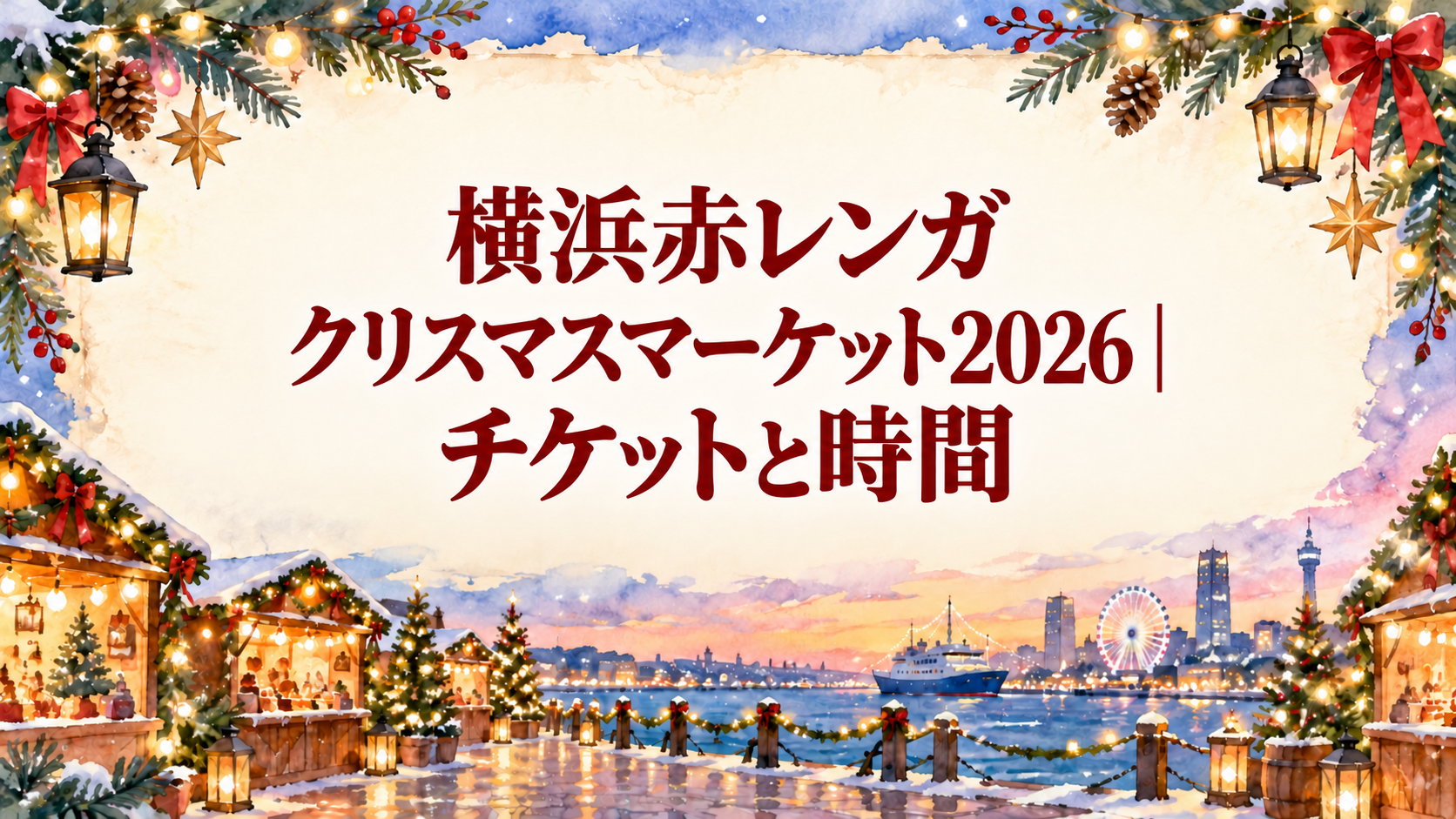 横浜赤レンガクリスマスマーケット2026のチケットと時間を案内する中央タイトル入りイラスト