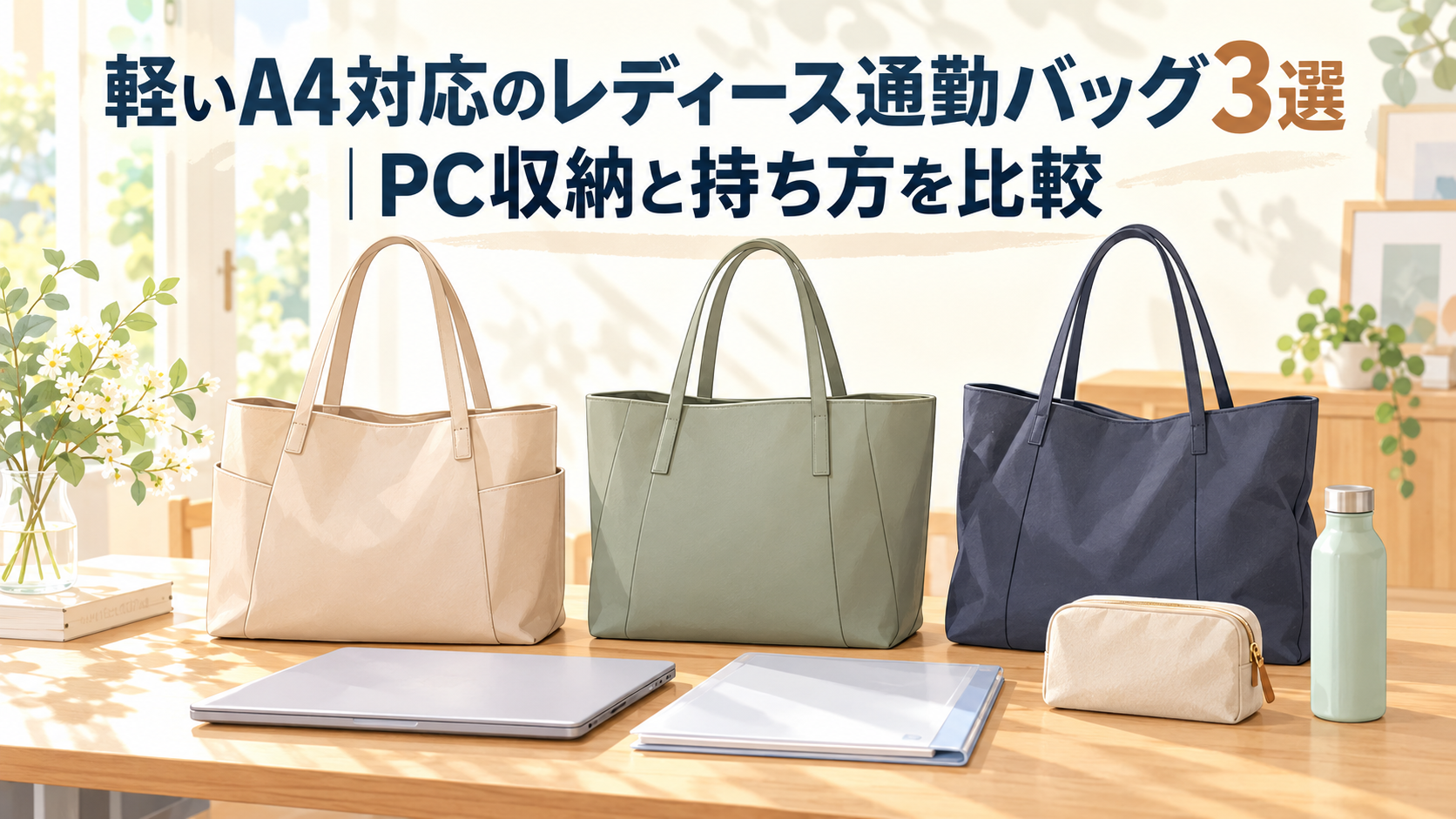 軽いA4対応のレディース通勤バッグ3選とPC収納、持ち方を比較するアイキャッチイラスト