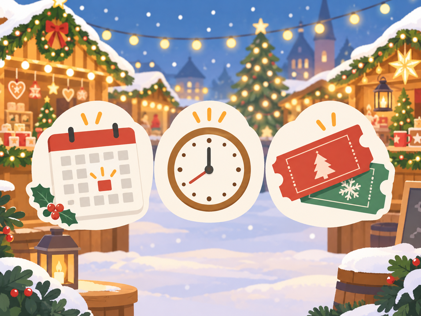 横浜赤レンガクリスマスマーケット2026の来場日・時間・チケットを考えるイラスト