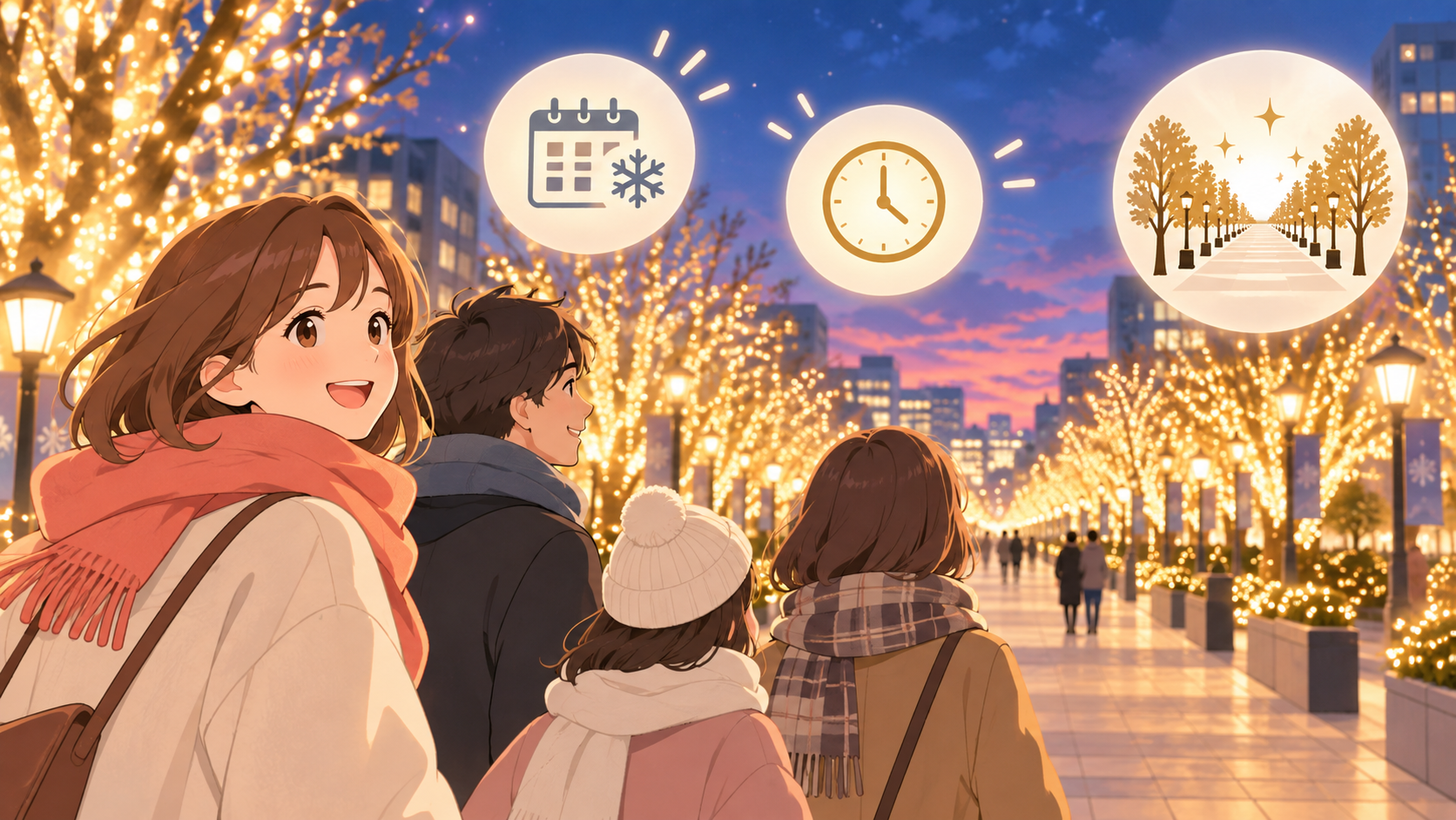 カレンダーと時計のアイコンを見ながら、冬のイルミネーション並木道を歩く人たちのイラスト