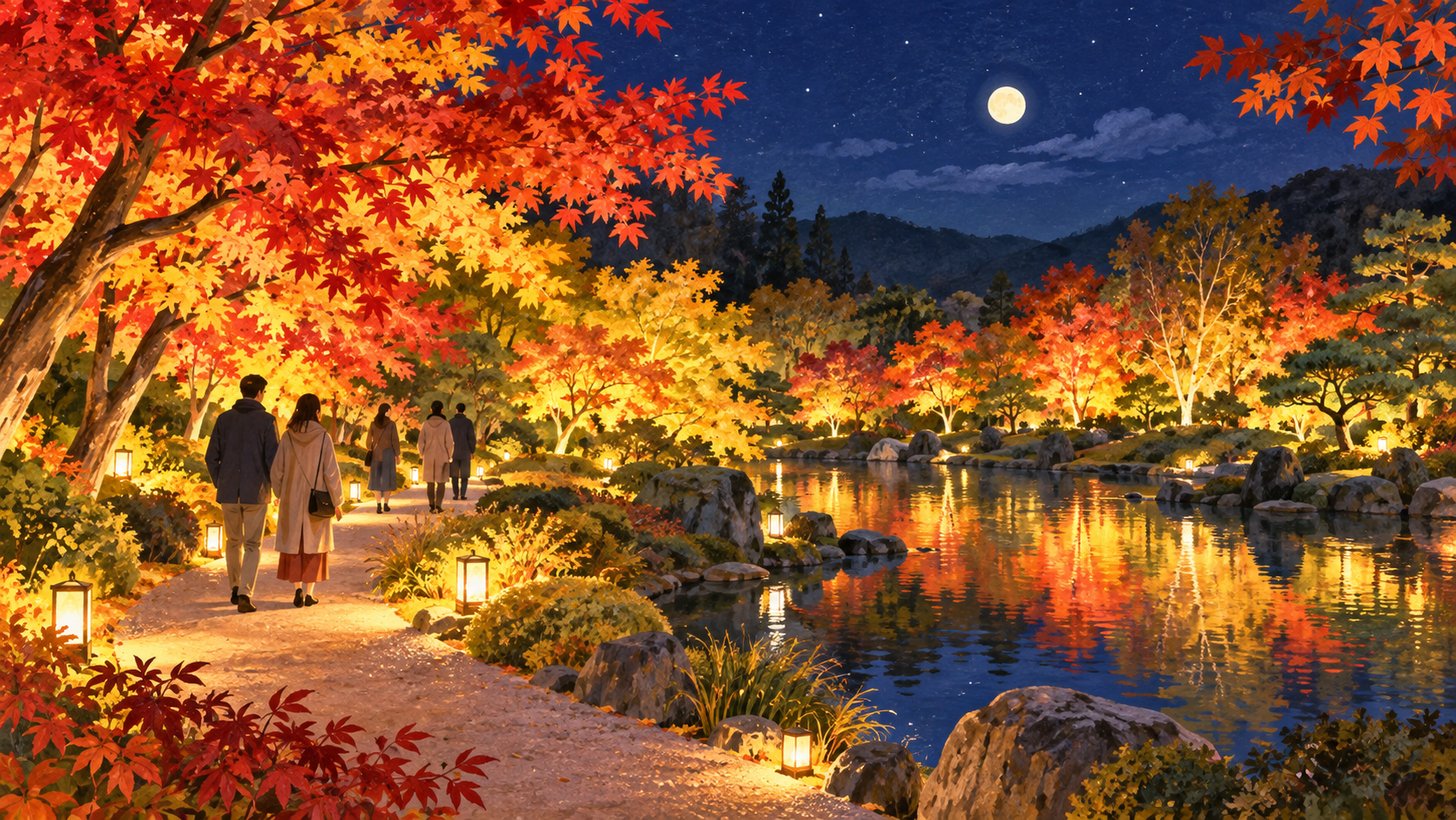 紅葉と灯りに彩られた架空の夜の庭園を歩く人々の明るい雰囲気イラスト