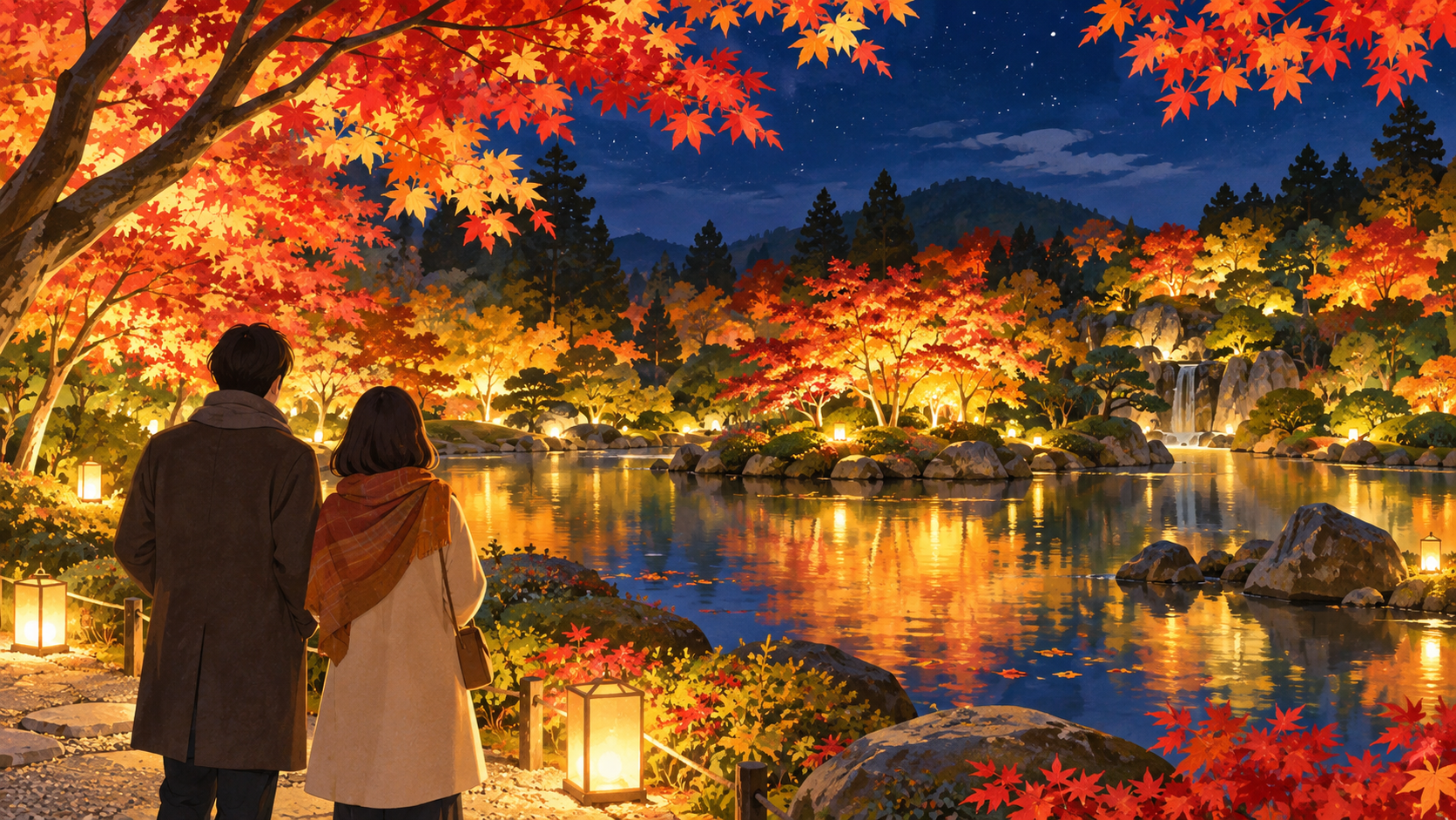 紅葉とやわらかな灯りに彩られた架空の夜の庭園を眺める二人の雰囲気イラスト